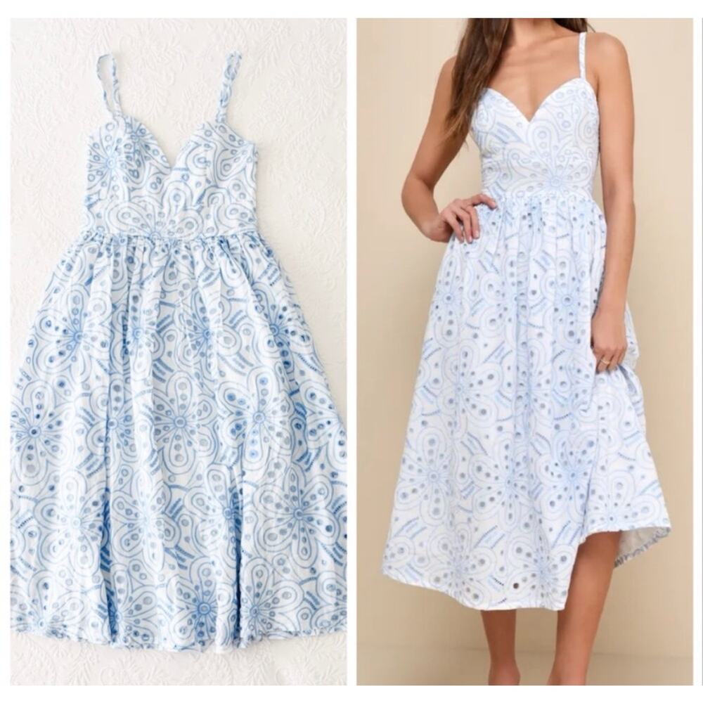 New! Lulu's Wm'S Sunny Poise White Cotton Eyelet Blue on White Midi Dress L# 50 - Picture 7 of 10